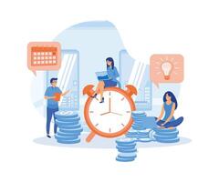 Office  Deadline concept. An Objective Assessment Possibilities Deadline. Close up Alarm Clock. Oyudi next to Clock Working on Project. flat vector modern illustration