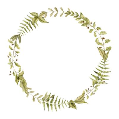 Greenery Wreath watercolor illustration. Round Frame with green plants and herbs. Botanical Template for greeting cards or wedding invitations. Background with fern. Border with branches