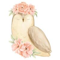 Owl with rose flowers. Watercolor illustration of forest bird with plants in pastel colors. Drawing of woodland animal for baby shower greeting cards or childish invitations. Cute design for kids vector