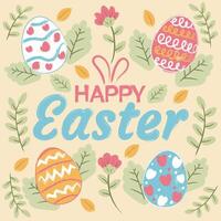 happy Easter banner, poster, greeting card. Trendy Easter design with typography, bunnies, flowers, eggs, in pastel colors. Watercolor style vector