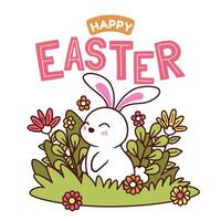 Happy easter vector template with colorful eggs, bunny, and flowers