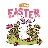 Happy easter vector template with colorful eggs, bunny, and flowers