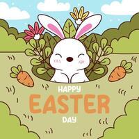 Happy easter vector template with colorful eggs, bunny, and flowers