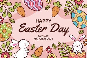 Happy easter vector template with colorful eggs, bunny, and flowers