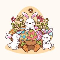 Happy easter vector template with colorful eggs, bunny, and flowers