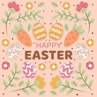 happy Easter banner, poster, greeting card. Trendy Easter design with typography, bunnies, flowers, eggs, in pastel colors. Watercolor style vector