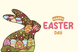 Happy easter vector template with colorful eggs, bunny, and flowers