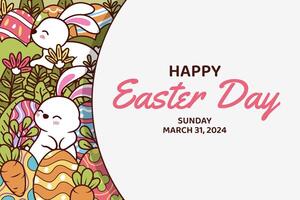 Happy easter vector template with colorful eggs, bunny, and flowers