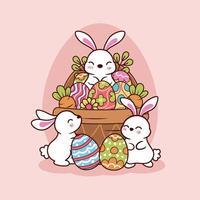 Happy easter vector template with colorful eggs, bunny, and flowers