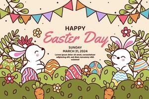 Happy easter vector template with colorful eggs, bunny, and flowers