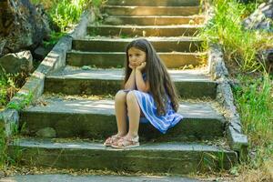 bonito pequeño niña en el naturaleza, niña en verano foto