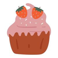 hand drawing cartoon cute cupcake with strawberry. cute dessert doodle vector