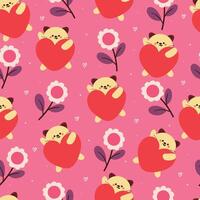 seamless pattern cartoon cat and red heart. cute animal wallpaper illustration for gift wrap paper vector