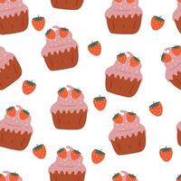 seamless pattern cartoon cupcake with strawberry vector