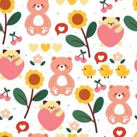 seamless pattern cartoon bear, cat and chick with flower. cute animal wallpaper for textile, gift wrap paper vector