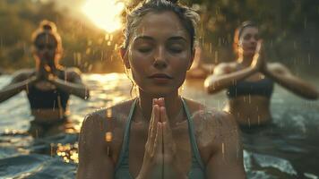 ai generado grupo de personas haciendo yoga en el naturaleza, yoga hora en el naturaleza, personas relajante en el naturaleza, grupo de personas haciendo yoga ejercicio foto