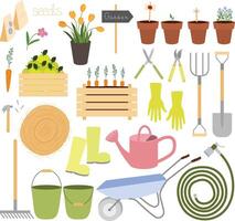 vector acortar Arte con jardinería equipo y herramientas agua manguera, regar poder, pala, horca, rastrillo, plantando ollas, jardín guantes