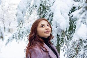 pretty young woman in winter park, red haired girl in the park in winter photo