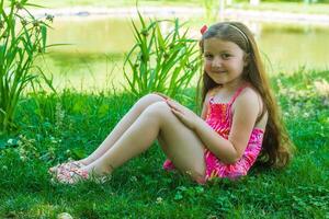 bonito pequeño niña en el naturaleza, niña en verano foto