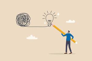 Creativity to solve problem, solution from trouble or difficulty, simplify idea from messy chaos problem, business skill solve complex obstacle concept, business man draw lightbulb from messy knot. vector