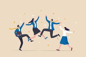 Happy office workers, joyful staff or employee success, team or colleague celebrate work achievement together, diverse, excited people concept, business people office worker jump to celebrate success. vector