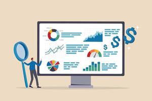 financiero reporte gráfico y grafico diagrama, ciencias económicas o presupuesto análisis, inversión estadística panel, ingresos o Finanzas investigación concepto, empresario analizar financiero reporte en computadora pantalla. vector