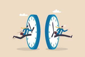 Time management or time travel to the future, time flied fast to work deadline, productivity or efficiency, effort or work schedule, evolution concept, businessman jump into clock to the future. vector