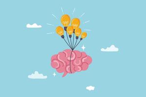 cerebro fuerza, idea o creatividad a ayuda éxito, inteligencia conocimiento o sabiduría, innovación o imaginación para pensando a desarrollar idea concepto, inteligente humano cerebro mosca con bombilla idea globos vector