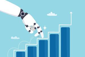 Rise of AI artificial intelligence, innovation technology to develop growth, success or progress, automation or AI for marketing and financial business concept, robot hand walk up growth graph. vector