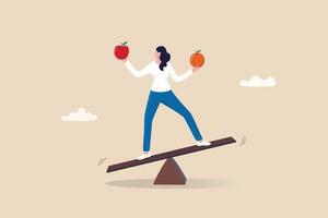 Comparison, decision to choose alternative choices, doubt or thoughtful compare good and bad things for best result, options concept, business woman compare orange and apple while balance on seesaw. vector