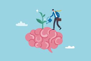 Growth mindset positive attitude to learn new thing, improvement to success, brain motivation or challenge to achieve goal, learning concept, businessman watering growth seedling on his brain. vector