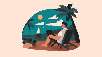 Work from Anywhere, Remote Work with Laptop on Beach Flat Vector Illustration