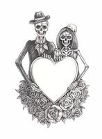 Skeleton lovers couple valentine day for layout design by hand drawing on paper. vector