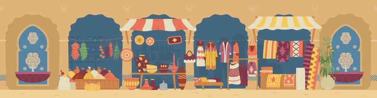 Arabian street market with pottery, carpets, clothes and spices stalls vector horizontal banner. Middle Eastern bazaar flat vector illustration.