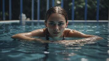 ai generado retrato de un bonito niña en el piscina, mojado retrato, mojado gir en el piscina, mujer es nadando en el piscina foto