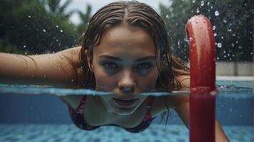 ai generado retrato de un bonito niña en el piscina, mojado retrato, mojado gir en el piscina, mujer es nadando en el piscina foto