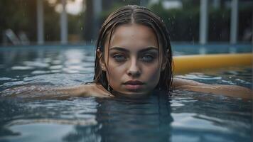 ai generado retrato de un bonito niña en el piscina, mojado retrato, mojado gir en el piscina, mujer es nadando en el piscina foto