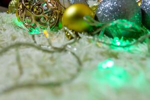 christmas background with bubbles, colorful christmas lights, christmas decorations photo