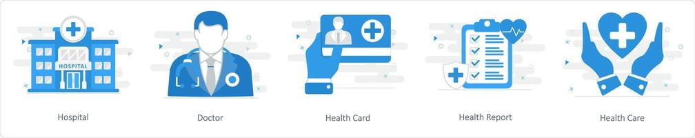 A set of 5 Mix icons as hospital, doctor, health card vector