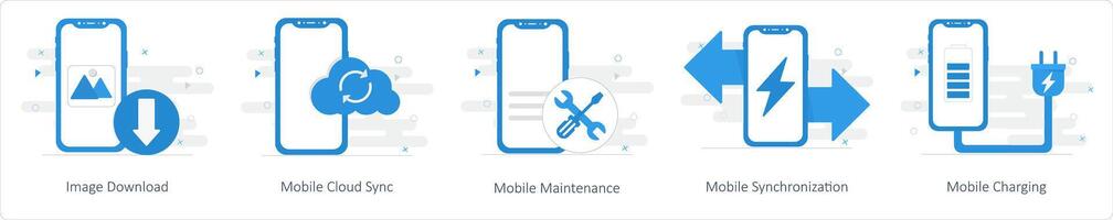 A set of 5 Mix icons as image download, mobile cloud sync, mobile maintenance vector