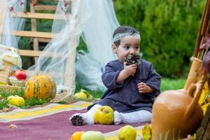 the little child playing in the park with fruits, little girl in the autumn park photo