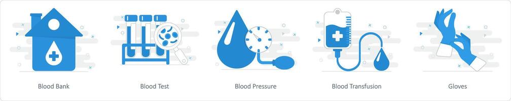 A set of 5 Mix icons as blood bank, blood test, blood pressure vector