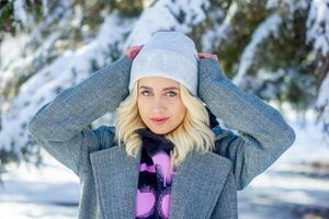 retrato de un mujer en un parque, retrato de un mujer en invierno parque, retrato de un rubia mujer, mujer en sombrero foto