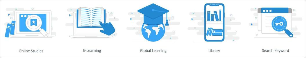 A set of 5 mix icons as online studies, e-learning, global learning vector