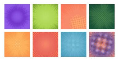 Comic dot background collection. Colorful horizontal line and radial strip with funny comic effect and decorative pattern. Vector isolated set