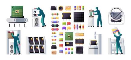 Semiconductor manufacturing. Electronic circuitry production with computer lab equipment, hardware device service concept. Vector flat set