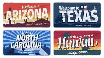 Usa region plate. States of America boards, vintage license plates for motels and bars, vintage car stickers for license plate. Vector illustration