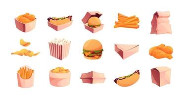 Takeaway food. Fast food packing, disposable containers with organic lunch, sustainable carton packaging for eco-friendly meal delivery. Vector illustration