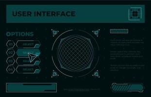 Futuristic menu screen. Game UI start screen with neon futuristic buttons frames arrows, game elements cyberpunk asset. Vector graphic template