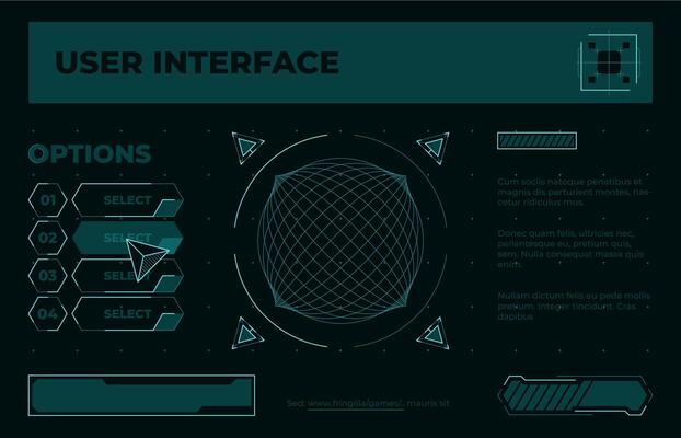 Futuristic menu screen. Game UI start screen with neon futuristic buttons frames arrows, game elements cyberpunk asset. Vector graphic template
